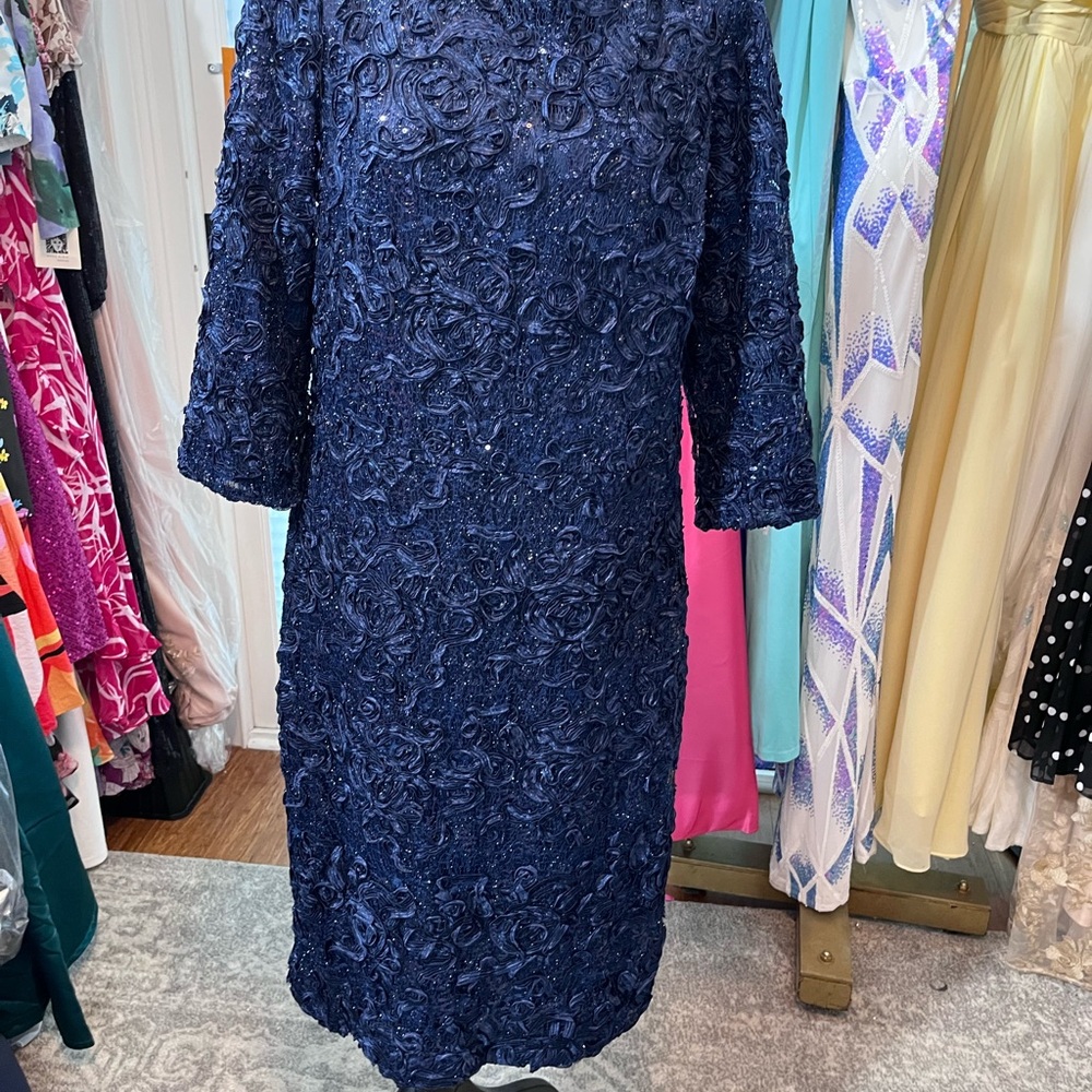 R & M Richards Navy Textured Long Sleeve Dress